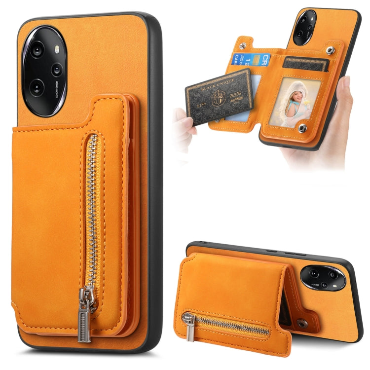 For Honor 100 Pro Retro MagSafe Zipper Wallet Card Bag Back Phone Case(Yellow) - Honor Cases by PMC TechLife | Online Shopping South Africa | PMC TechLife | Buy Now Pay Later Mobicred