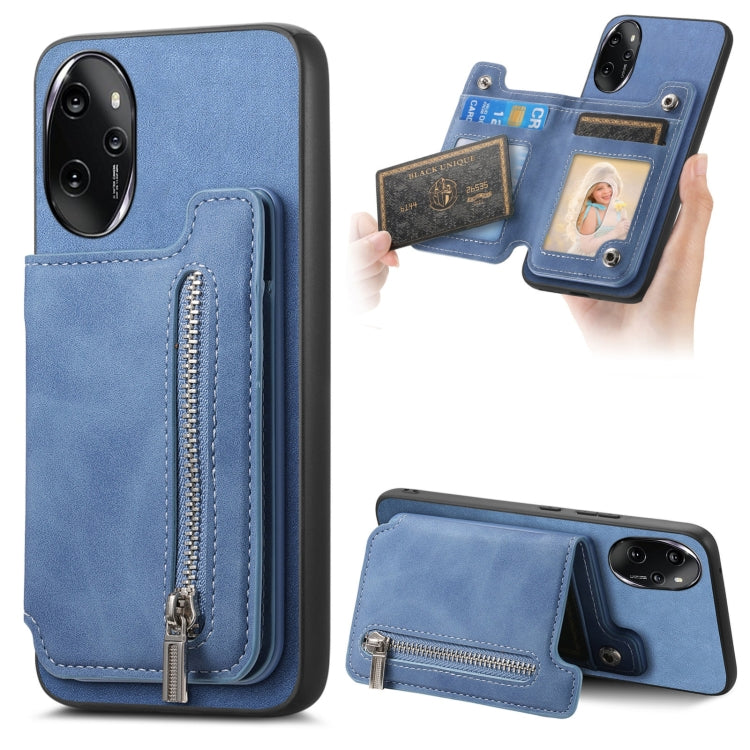 For Honor 100 Pro Retro MagSafe Zipper Wallet Card Bag Back Phone Case(Blue) - Honor Cases by PMC TechLife | Online Shopping South Africa | PMC TechLife | Buy Now Pay Later Mobicred