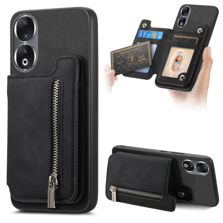 For Honor 90 Pro 5G Retro MagSafe Zipper Wallet Card Bag Back Phone Case(Black) - Honor Cases by PMC TechLife | Online Shopping South Africa | PMC TechLife | Buy Now Pay Later Mobicred