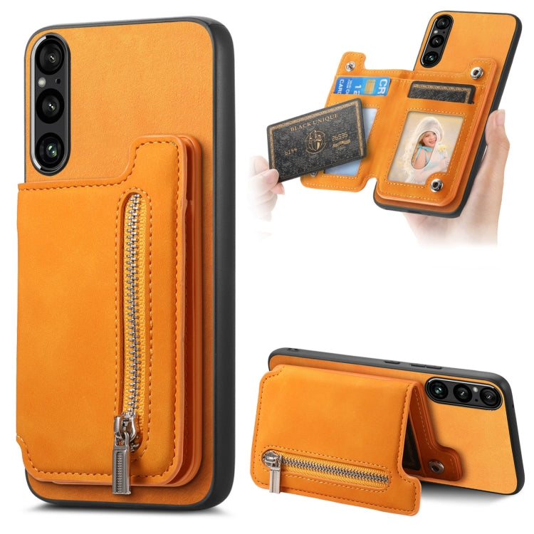 For Sony Xperia 1 V Retro MagSafe Zipper Wallet Card Bag Back Phone Case(Yellow) - Sony Cases by PMC TechLife | Online Shopping South Africa | PMC TechLife | Buy Now Pay Later Mobicred