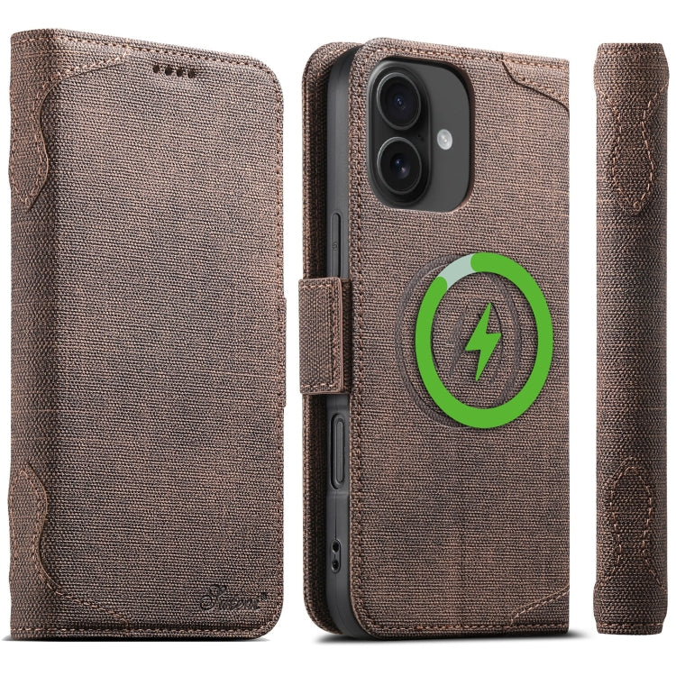 For iPhone 16 Plus Suteni J07 Multi-functional Horizontal MagSafe Denim Leather Phone Case(Brown) - iPhone 16 Plus Cases by Suteni | Online Shopping South Africa | PMC Jewellery | Buy Now Pay Later Mobicred