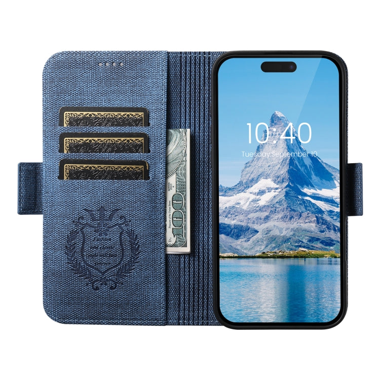 For iPhone 16 Suteni J07 Multi-functional Horizontal MagSafe Denim Leather Phone Case(Blue) - iPhone 16 Cases by Suteni | Online Shopping South Africa | PMC Jewellery | Buy Now Pay Later Mobicred