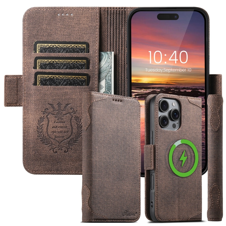 For iPhone 16 Suteni J07 Multi-functional Horizontal MagSafe Denim Leather Phone Case(Brown) - iPhone 16 Cases by Suteni | Online Shopping South Africa | PMC Jewellery | Buy Now Pay Later Mobicred