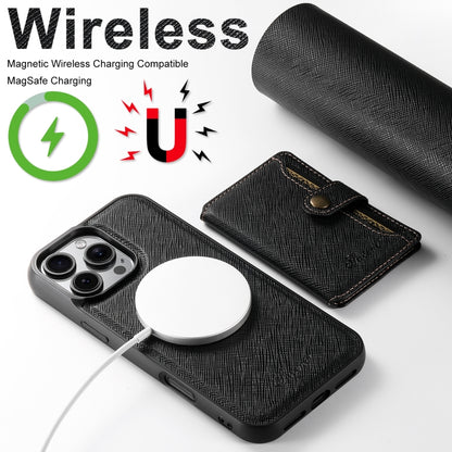 For iPhone 16 Pro Suteni H20 Cross-Grain MagSafe Horizontal Card Bag Back Phone Case(Black) - iPhone 16 Pro Cases by Suteni | Online Shopping South Africa | PMC Jewellery | Buy Now Pay Later Mobicred