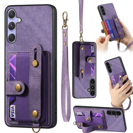 For Samsung Galaxy S25+ 5G Retro Cross Wristband Wallet Leather Back Phone Case(Purple) - Galaxy S25+ 5G Cases by PMC Jewellery | Online Shopping South Africa | PMC Jewellery | Buy Now Pay Later Mobicred