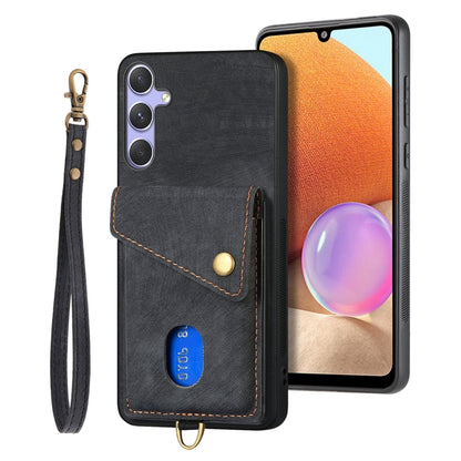 For Samsung Galaxy S25 5G Retro Card Wallet Fold Leather Phone Case with Strap(Black) - Galaxy S25 5G Cases by PMC Jewellery | Online Shopping South Africa | PMC Jewellery | Buy Now Pay Later Mobicred