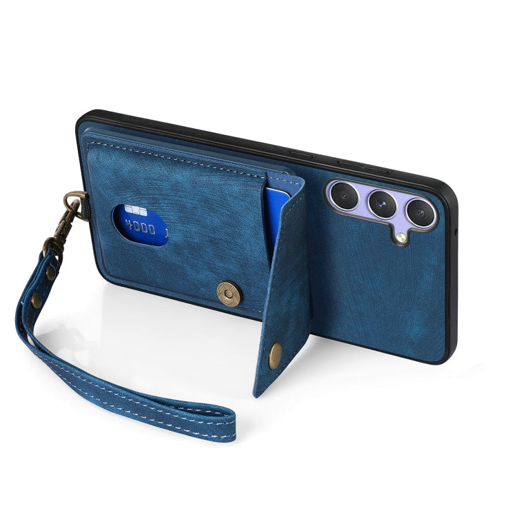 For Samsung Galaxy S25 5G Retro Card Wallet Fold Leather Phone Case with Strap(Blue) - Galaxy S25 5G Cases by PMC TechLife | Online Shopping South Africa | PMC TechLife | Buy Now Pay Later Mobicred