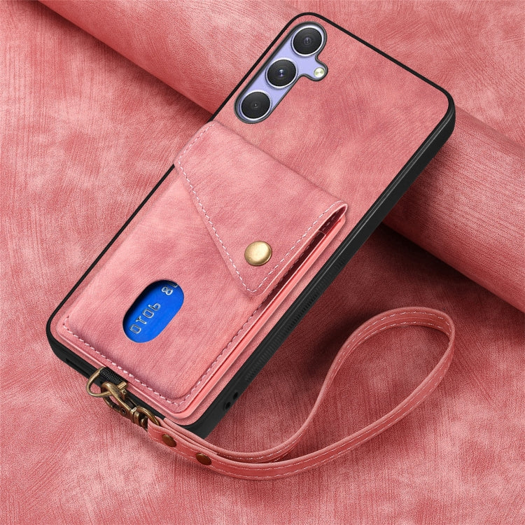 For Samsung Galaxy S25 5G Retro Card Wallet Fold Leather Phone Case with Strap(Pink) - Galaxy S25 5G Cases by PMC TechLife | Online Shopping South Africa | PMC TechLife | Buy Now Pay Later Mobicred