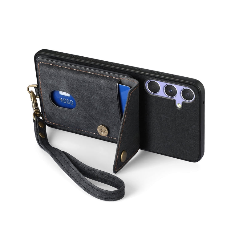 For Samsung Galaxy S25+ 5G Retro Card Wallet Fold Leather Phone Case with Strap(Black) - Galaxy S25+ 5G Cases by PMC TechLife | Online Shopping South Africa | PMC TechLife | Buy Now Pay Later Mobicred