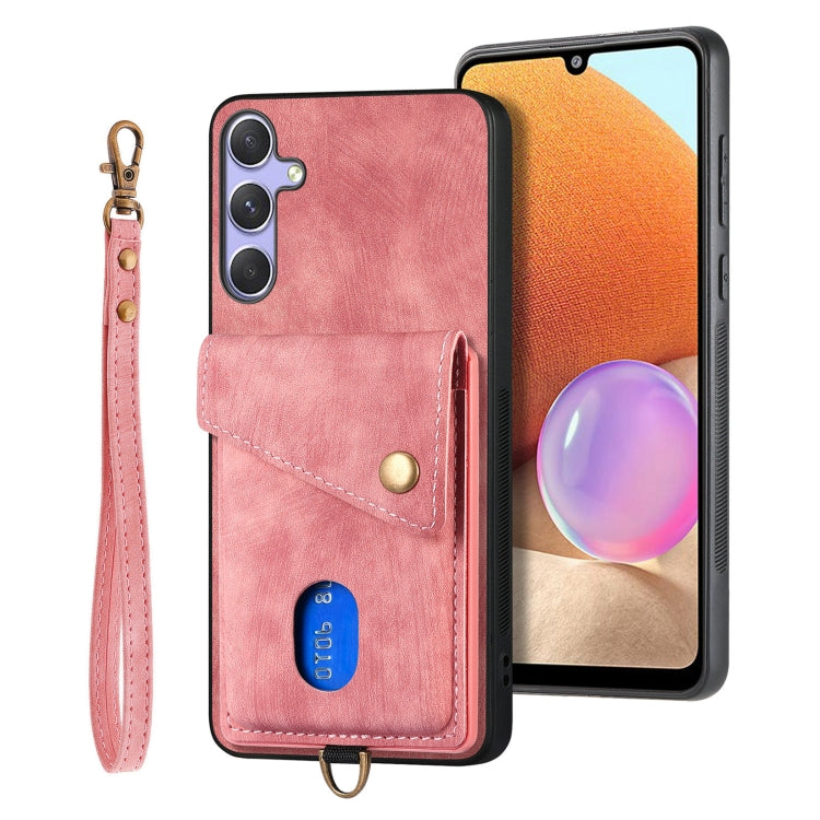 For Samsung Galaxy S25+ 5G Retro Card Wallet Fold Leather Phone Case with Strap(Pink) - Galaxy S25+ 5G Cases by PMC TechLife | Online Shopping South Africa | PMC TechLife | Buy Now Pay Later Mobicred