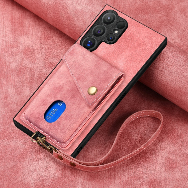 For Samsung Galaxy S25 Ultra 5G Retro Card Wallet Fold Leather Phone Case with Strap(Pink) - Galaxy S25 Ultra 5G Cases by PMC TechLife | Online Shopping South Africa | PMC TechLife | Buy Now Pay Later Mobicred