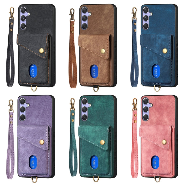 For Samsung Galaxy S25 Ultra 5G Retro Card Wallet Fold Leather Phone Case with Strap(Blue) - Galaxy S25 Ultra 5G Cases by PMC Jewellery | Online Shopping South Africa | PMC Jewellery | Buy Now Pay Later Mobicred