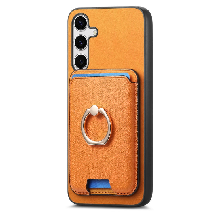 For Samsung Galaxy S25 5G Retro Cross Leather Ring Vertical Insert Card Bag MagSafe Phone Case(Yellow) - Galaxy S25 5G Cases by PMC Jewellery | Online Shopping South Africa | PMC Jewellery | Buy Now Pay Later Mobicred