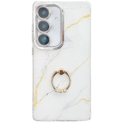 For Samsung Galaxy S25 5G Electroplated Marble Texture Ring Holder Phone Case(Gold White S1) - Galaxy S25 5G Cases by PMC Jewellery | Online Shopping South Africa | PMC Jewellery | Buy Now Pay Later Mobicred