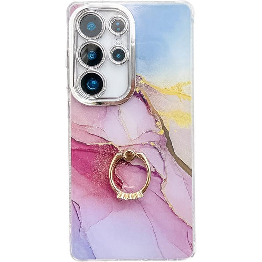 For Samsung Galaxy S25 Ultra 5G Electroplated Marble Texture Ring Holder Phone Case(Gold Pink Red  S12) - Galaxy S25 Ultra 5G Cases by PMC Jewellery | Online Shopping South Africa | PMC Jewellery | Buy Now Pay Later Mobicred