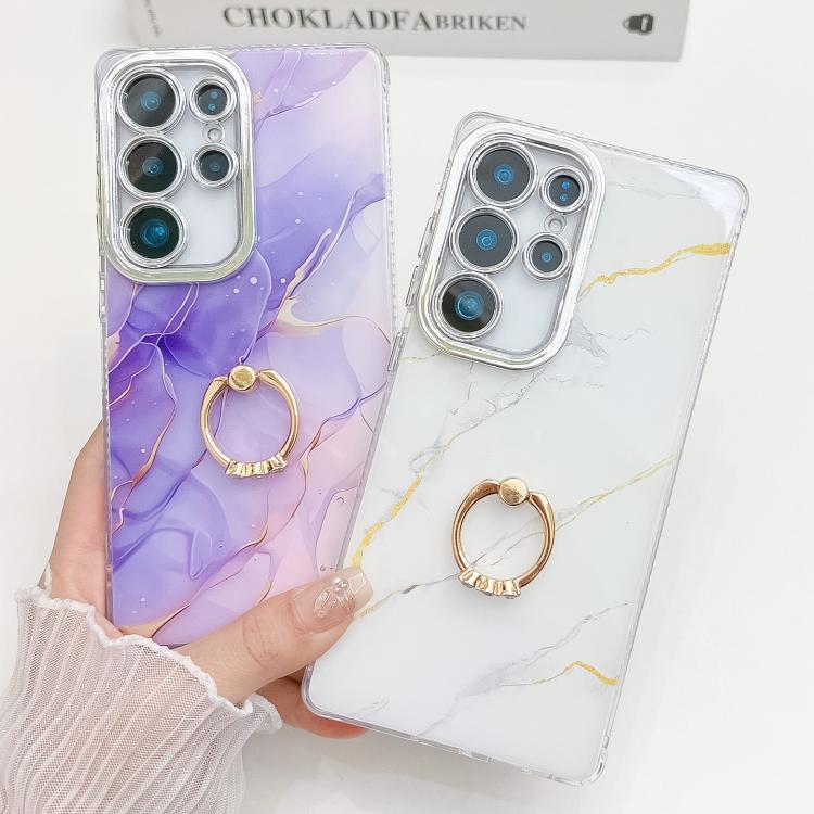 For Samsung Galaxy S25 5G Electroplated Marble Texture Ring Holder Phone Case(Yellow Green S13) - Galaxy S25 5G Cases by PMC Jewellery | Online Shopping South Africa | PMC Jewellery | Buy Now Pay Later Mobicred