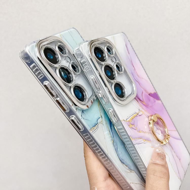 For Samsung Galaxy S25+ 5G Electroplated Marble Texture Ring Holder Phone Case(Gold Pink Red  S12) - Galaxy S25+ 5G Cases by PMC Jewellery | Online Shopping South Africa | PMC Jewellery | Buy Now Pay Later Mobicred