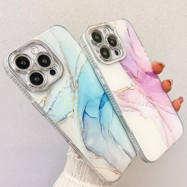 For iPhone 16e Electroplated Marble Texture Phone Case(Gold Purple Red M15) - iPhone 16e Cases by PMC TechLife | Online Shopping South Africa | PMC TechLife | Buy Now Pay Later Mobicred