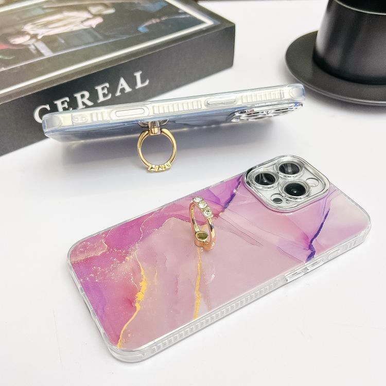 For iPhone 16e Electroplated Marble Texture Ring Holder Phone Case(Purple Blue S18) - iPhone 16e Cases by PMC TechLife | Online Shopping South Africa | PMC TechLife | Buy Now Pay Later Mobicred