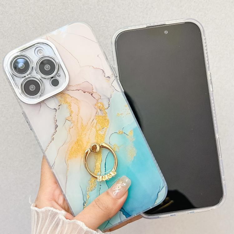 For iPhone 16e Electroplated Marble Texture Ring Holder Phone Case(Purple Pink S14) - iPhone 16e Cases by PMC TechLife | Online Shopping South Africa | PMC TechLife | Buy Now Pay Later Mobicred