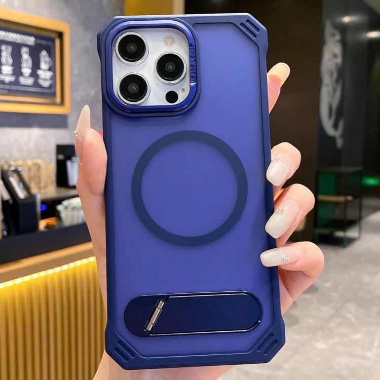 For iPhone 14 Pro Max Skin Feel Frameless MagSafe PC Phone Case with Fold Holder(Blue) - iPhone 14 Pro Max Cases by PMc TechLife | Online Shopping South Africa | PMc TechLife | Buy Now Pay Later Mobicred