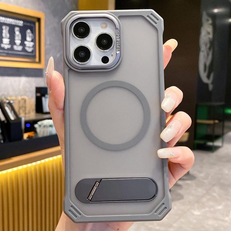 For iPhone 15 Pro Skin Feel Frameless MagSafe PC Phone Case with Fold Holder(Grey) - iPhone 15 Pro Cases by PMc TechLife | Online Shopping South Africa | PMc TechLife | Buy Now Pay Later Mobicred