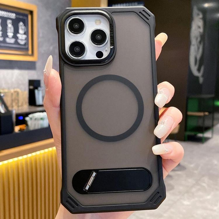 For iPhone 15 Pro Max Skin Feel Frameless MagSafe PC Phone Case with Fold Holder(Black) - iPhone 15 Pro Max Cases by PMc TechLife | Online Shopping South Africa | PMc TechLife | Buy Now Pay Later Mobicred