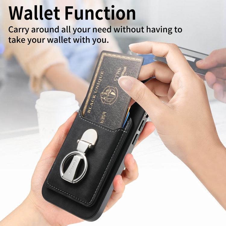 For Huawei Mate 70 Retro Folding Ring Holder Card Bag MagSafe Phone Case(Black) - Huawei Cases by PMC TechLife | Online Shopping South Africa | PMC TechLife | Buy Now Pay Later Mobicred