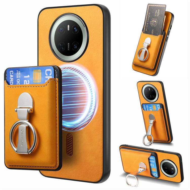 For Huawei Mate 70 Retro Folding Ring Holder Card Bag MagSafe Phone Case(Yellow) - Huawei Cases by PMC TechLife | Online Shopping South Africa | PMC TechLife | Buy Now Pay Later Mobicred