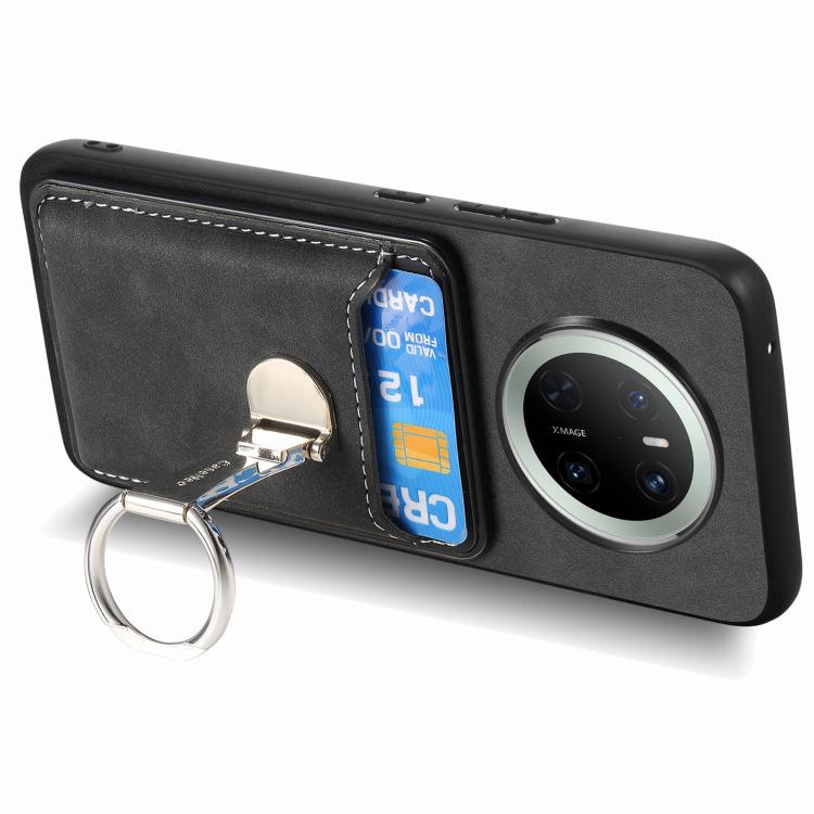 For Huawei Mate 70 Pro Retro Folding Ring Holder Card Bag MagSafe Phone Case(Black) - Huawei Cases by PMC TechLife | Online Shopping South Africa | PMC TechLife | Buy Now Pay Later Mobicred