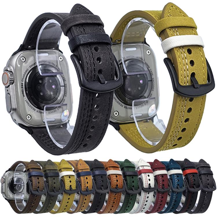 For Apple Watch 46mm / 49mm / 45mm / 44mm 7-Line Tri-Star Buckle Pull Up Leather Watch Band(Black Red Thread) - Watch Bands by PMC TechLife | Online Shopping South Africa | PMC TechLife | Buy Now Pay Later Mobicred
