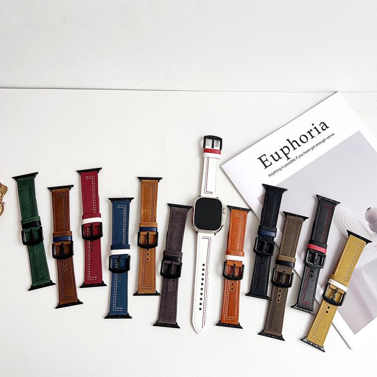 For Apple Watch 42mm / 41mm / 40mm / 38mm 7-Line Tri-Star Buckle Pull Up Leather Watch Band(Black Blue Thread) - Watch Bands by PMC TechLife | Online Shopping South Africa | PMC TechLife | Buy Now Pay Later Mobicred