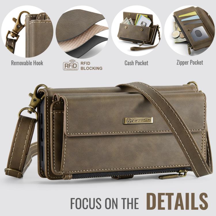 For iPhone 16e CaseMe C39 RFID Blocking Zipper Wallet Leather Phone Case with Crossbody Strap(Coffee) - free shipping - PMc TechLife - Order now!