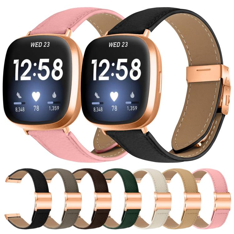 For Fitbit Versa 3 / 4 Lychee Texture Rose Gold Turtle Back Buckle Leather Watch Band(Creamy White) - free shipping - PMC TechLife - Order now!