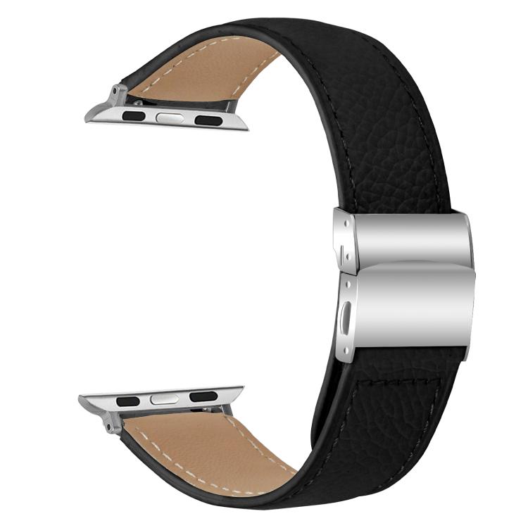 For Apple Watch 46mm / 49mm / 45mm / 44mm Lychee Texture Silver Turtle Back Buckle Leather Watch Band(Black) - free shipping - PMC TechLife - Order now!