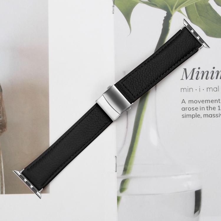 For Apple Watch 46mm / 49mm / 45mm / 44mm Lychee Texture Silver Turtle Back Buckle Leather Watch Band(Black) - free shipping - PMC TechLife - Order now!