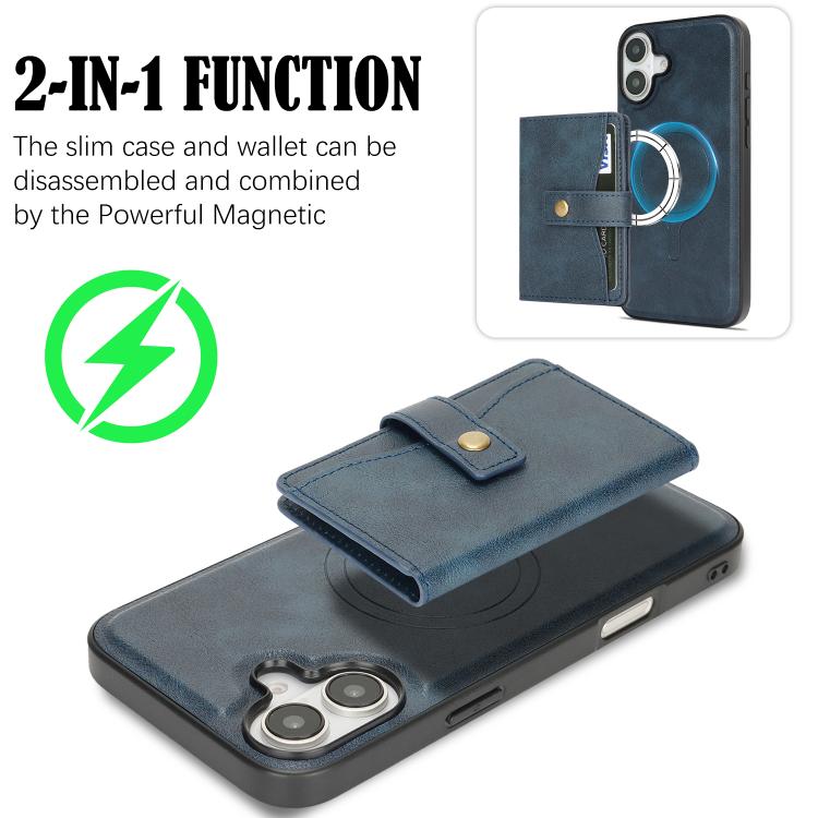 For iPhone 17 Kalebol Magnetic Button Card Bag MagSafe Ring Leather Phone Case(Blue) - iPhone 17 Cases by Kalebol | Online Shopping South Africa | PMC TechLife | Buy Now Pay Later Mobicred