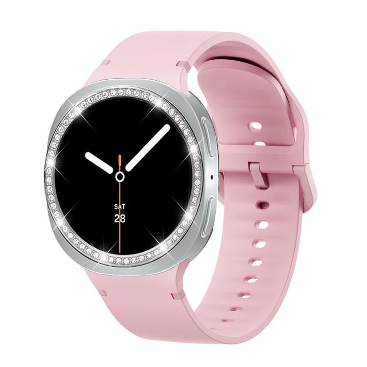For Samsung Galaxy Watch8 44mm Diamond Bezel and Solid Color Stitched Silicone Watch Band(Light Pink Silver) - free shipping - PMC TechLife - Order now!