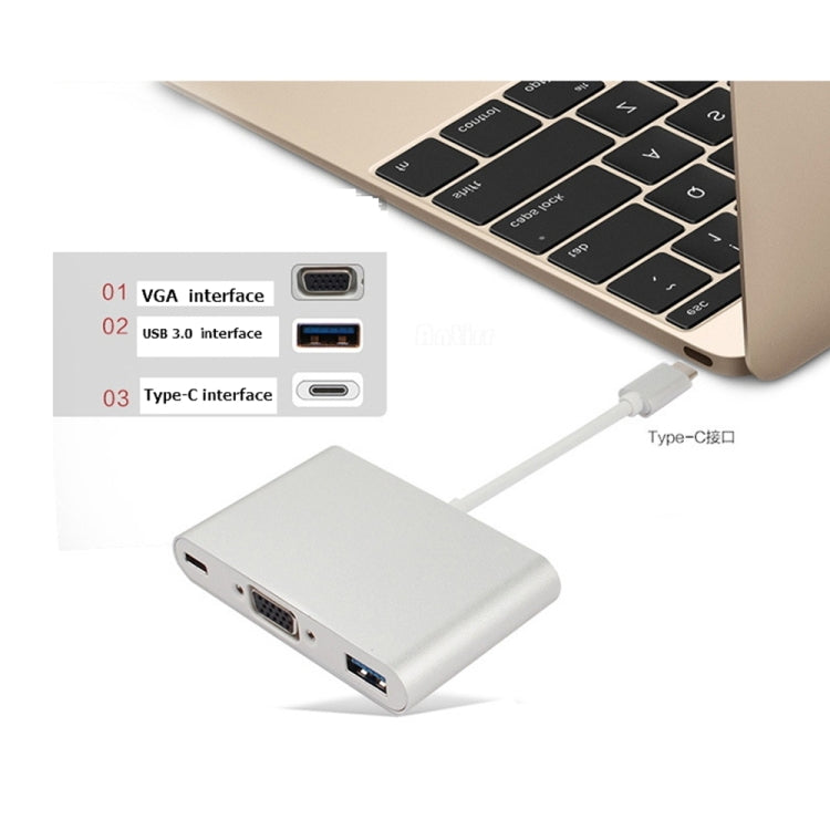 USB Type C to VGA 3-in-1 Hub Adapter supports USB Type C tablets and laptops for Macbook Pro / Google ChromeBook(Silver) - Cable & Adapters by PMC TechLife | Online Shopping South Africa | PMC TechLife