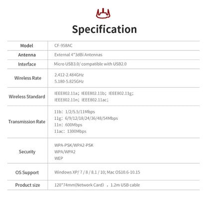 Comfast CF-958AC High Power PA Wifi Adapter 1900Mbps Gigabit E-Sports Network Card 2.4Ghz+5.8Ghz USB 3.0 PC Lan Dongle Receiver - Wireless Routers by COMFAST | Online Shopping South Africa | PMC Jewellery | Buy Now Pay Later Mobicred