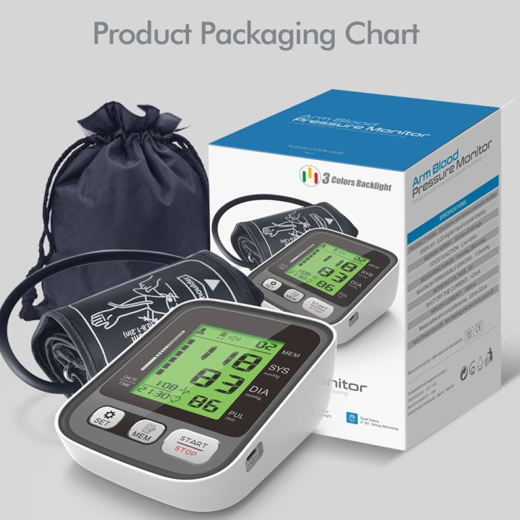 JZ-256A Tri-Color Backlight Automatic Upper Arm Sphygmomanometer Home Electronic Sphygmomanometer, Size:22-42cm(No Voice Broadcast) - free shipping - PMC TechLife - Order now!