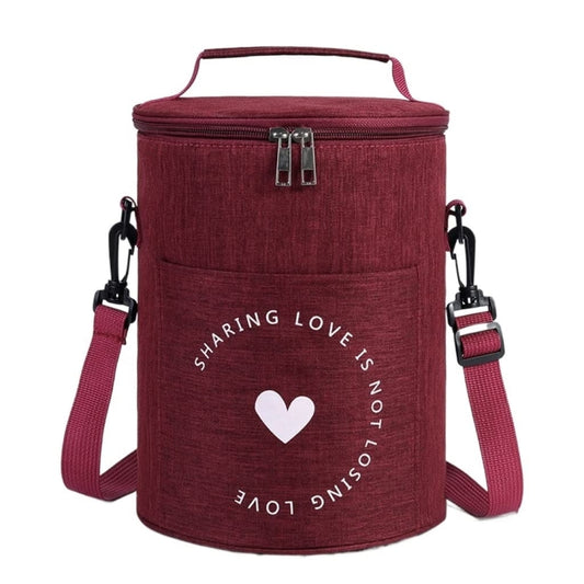 Round Lunch Bag Insulated Lunch Box Foldable & Portable Lunch Tote L(Wine Red) - Lunch Bags by PMC Jewellery | Online Shopping South Africa | PMC Jewellery