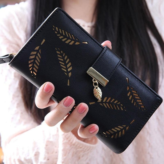 Long Gold Hollow Leaves Coin Purse Card Holders Wallet for Women(Black) - Wallets by PMC Jewellery | Online Shopping South Africa | PMC Jewellery | Buy Now Pay Later Mobicred