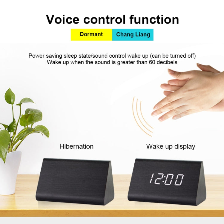 Mute Luminous Electronic Clock Wooden Sound Control Small Triangle Alarm Clock White Wood White Light - free shipping - PMc TechLife - Order now!