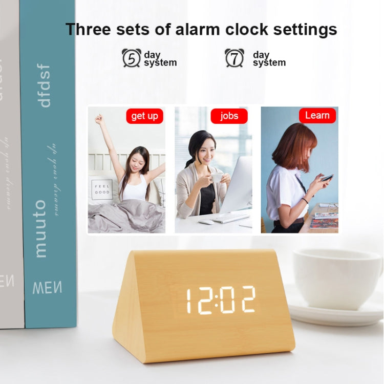 Mute Luminous Electronic Clock Wooden Sound Control Small Triangle Alarm Clock White Wood White Light - free shipping - PMc TechLife - Order now!