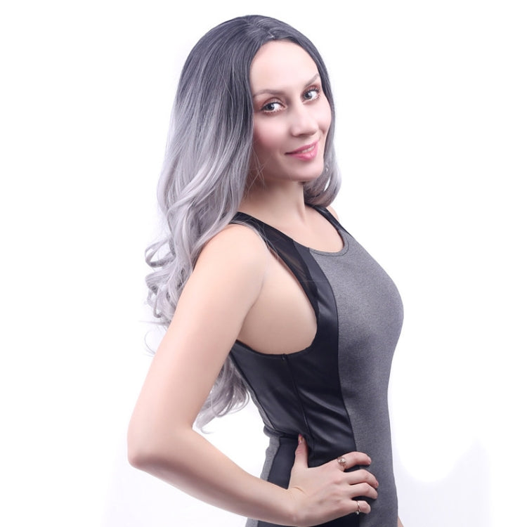 Women Medium Haircut Bangs Black Gradient Granny Grey Long Curly Big Wave Wig(Black Gray) - free shipping - PMC TechLife - Order now!