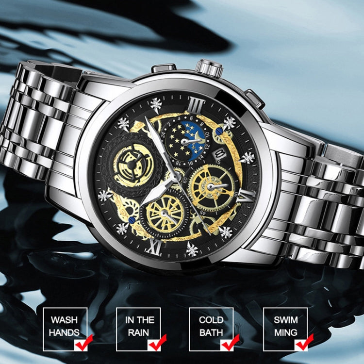 BINBOND 4010 Multifunctional Waterproof Hollowed Luminous Quartz Watch(Inter-gold Black Surface) - free shipping - PMC TechLife - Order now!