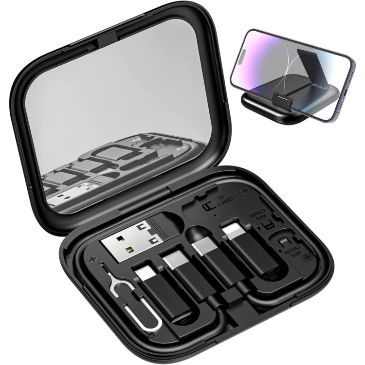 HE-C098 Multi-Functional USB Adapter Charging Cable Kit With Makeup Mirror & Phone Holder(Black) - Cable Organizer by PMC Jewellery | Online Shopping South Africa | PMC Jewellery | Buy Now Pay Later Mobicred