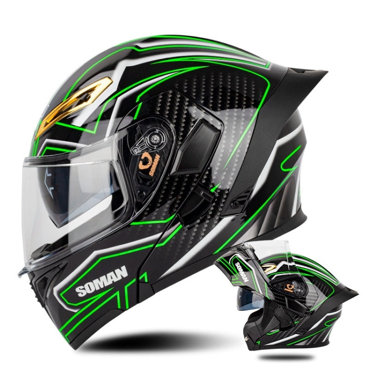 SOMAN Motorcycle Dual Lens Riding Peel-Off Full Coverage Helmet, Size: XXL(Bright Black Green) - free shipping - PMC TechLife - Order now!