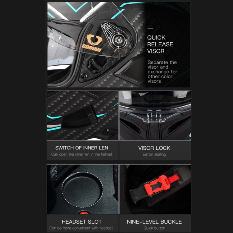 SOMAN Motorcycle Dual Lens Riding Peel-Off Full Coverage Helmet, Size: M(Matt Black Blue) - free shipping - PMC TechLife - Order now!
